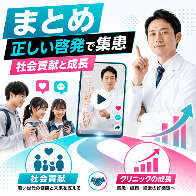 若い世代への正しい啓発が、整形外科クリニックの集患と社会貢献につながることを表したまとめイラスト