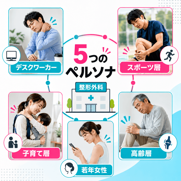 デスクワーカー、子育て層、スポーツ層、若年女性、高齢層の5つのペルソナを整形外科クリニックと結びつけたイラスト