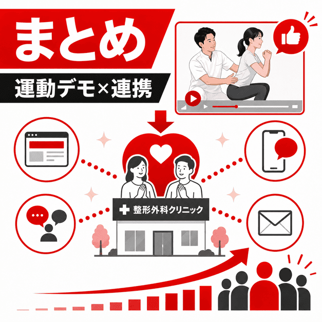 整形外科クリニックが誠実な運動デモ動画とWeb・SNS・LINE連携で集患につなげる流れをまとめたイラスト