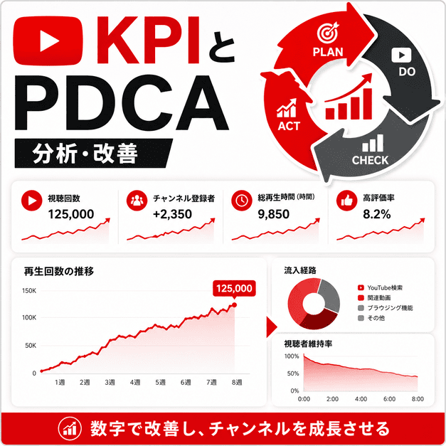 視聴回数や登録者数などのKPIを分析しPDCAで整形外科YouTubeを改善する様子を示したイラスト