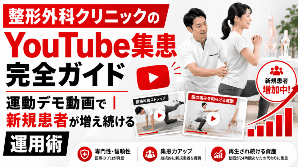 整形外科クリニックがYouTube運動デモ動画で新規患者を増やす運用術を表したアイキャッチ画像