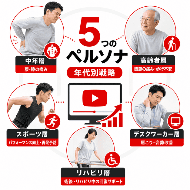 中高年・高齢者・スポーツ層・デスクワーカー・リハビリ層に分けた整形外科YouTube動画戦略を示したイラスト