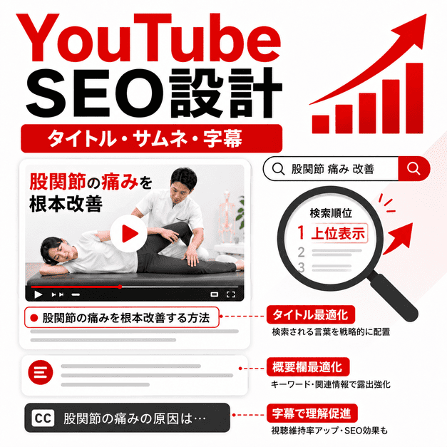 タイトル・サムネイル・概要欄・字幕を最適化してYouTube検索上位を目指す設計を示したイラスト