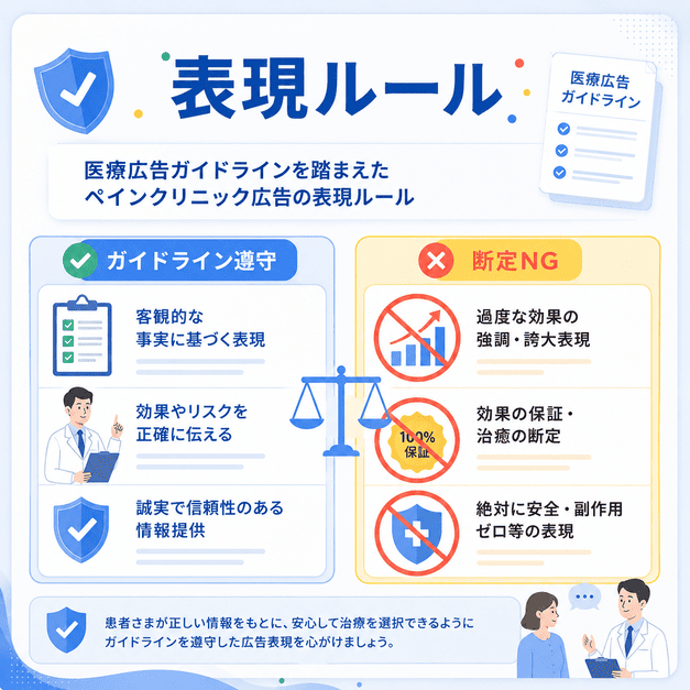 ペインクリニック広告で医療広告ガイドラインを守り断定表現や誇大表現を避けるルールを示した図
