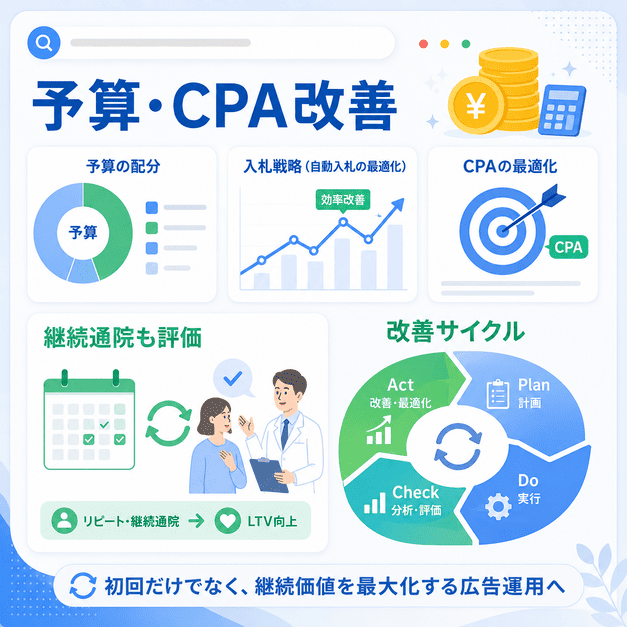 ペインクリニック広告の予算配分、CPA最適化、継続通院を踏まえた改善サイクルを示した図