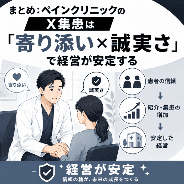 ペインクリニックが寄り添いと誠実な情報発信によって患者の信頼と安定経営につなげる様子