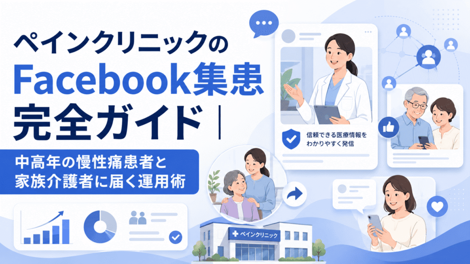 ペインクリニックのFacebook集患をテーマに、医師・中高年の慢性痛患者・家族介護者・SNS発信を表現した医療マーケティングのアイキャッチ画像