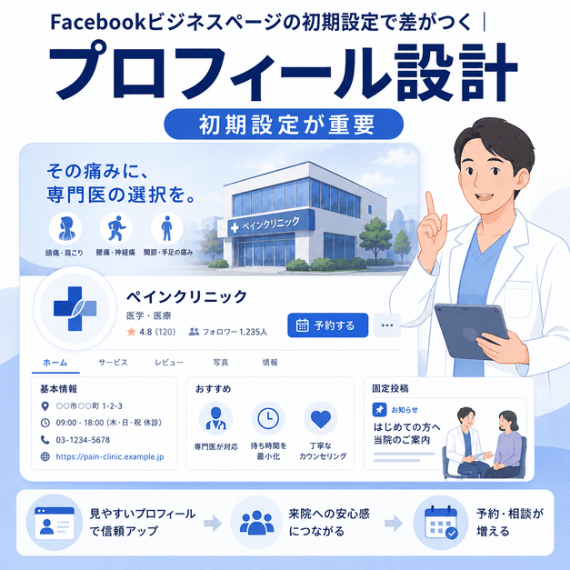 ペインクリニックのFacebookビジネスページでプロフィール設計や予約導線を整える様子を表したイラスト