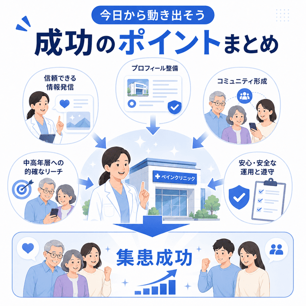 ペインクリニックのFacebook集患成功に向けて、情報発信・プロフィール整備・コミュニティ形成・広告運用・遵守体制がまとまる様子を表したイラスト