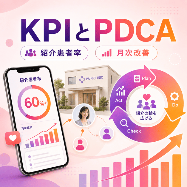紹介患者率や月次改善をKPIとして管理し、PDCAで運用改善するペインクリニックの集患イラスト