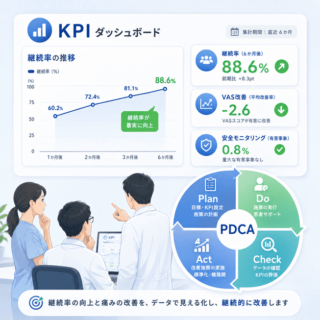 継続率やVAS改善をKPIダッシュボードで確認しPDCAを回すイメージ