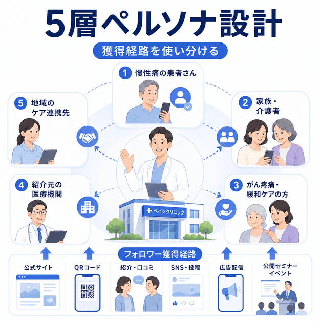 慢性痛患者・家族介護者・紹介医療機関など5層ペルソナとフォロワー獲得経路を整理したイラスト