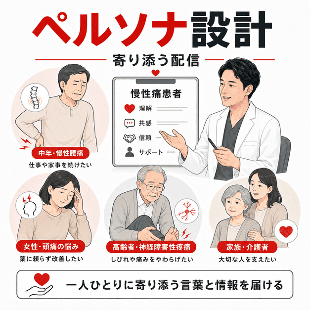 慢性腰痛や頭痛、高齢者の神経痛など複数の患者像に寄り添うペルソナ設計を示すイラスト