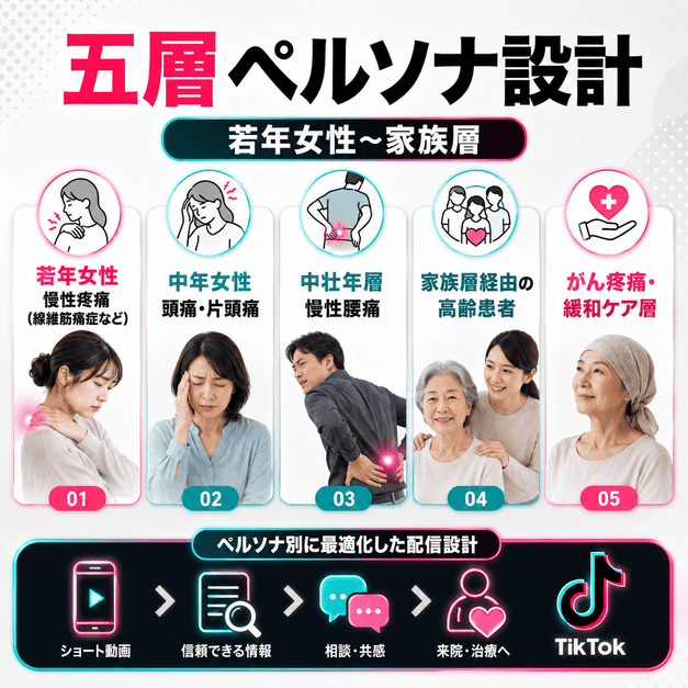 若年女性の慢性疼痛から家族経由の高齢患者まで、五層ペルソナ別に配信設計する考え方を表したイラスト