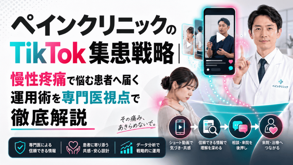 ペインクリニックのTikTok集患戦略を、慢性疼痛患者への情報発信と専門医による運用支援の流れで表した画像