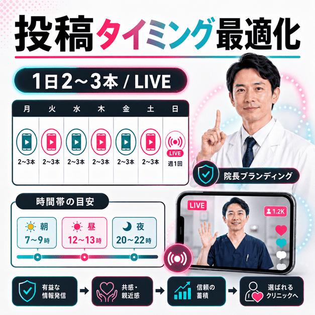 1日2〜3本の投稿とLIVE配信、配信時間帯、院長ブランディングを組み合わせた運用設計を表したイラスト