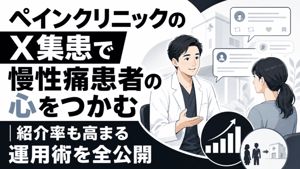ペインクリニックのX集患で慢性痛患者に寄り添い、紹介率向上を目指す運用術を表したイラスト