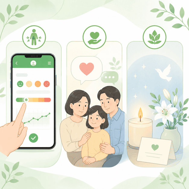 疼痛記録、家族の心理支援、死別後のグリーフケアをLINE配信で支えるイメージ