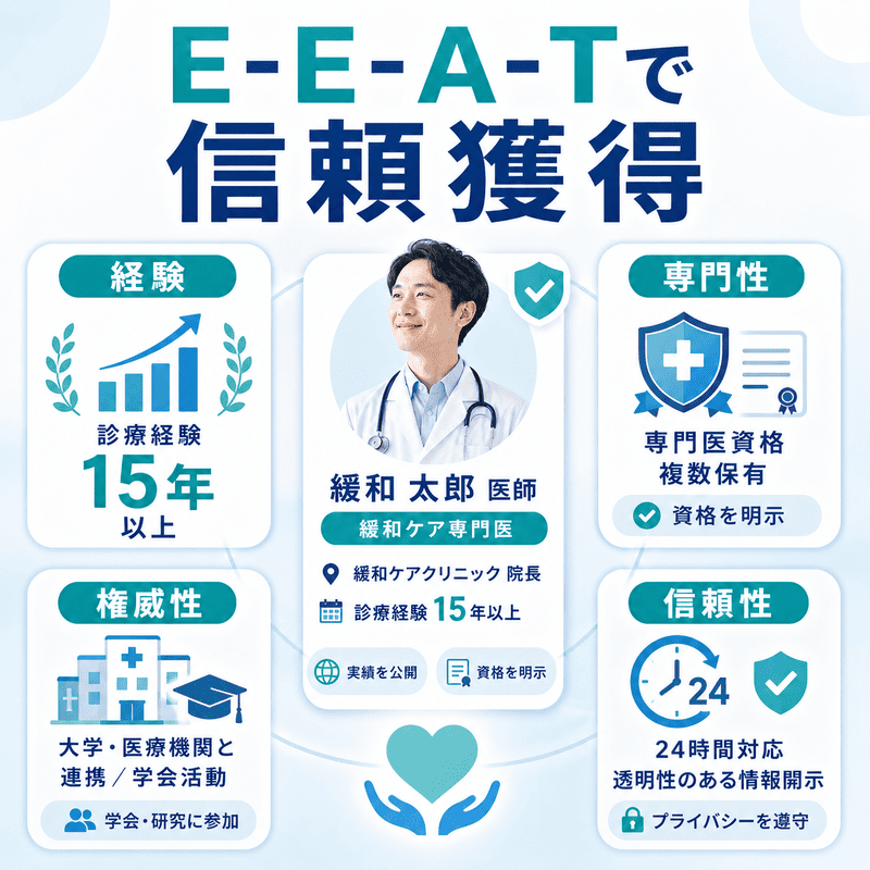 緩和医療専門医の経験・専門性・権威性・信頼性をE-E-A-Tで整理した図