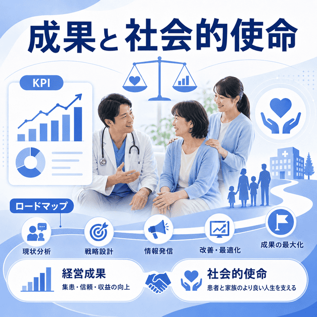 緩和ケアクリニックのFacebook運用で経営成果と社会的使命を両立させるロードマップを表したイラスト