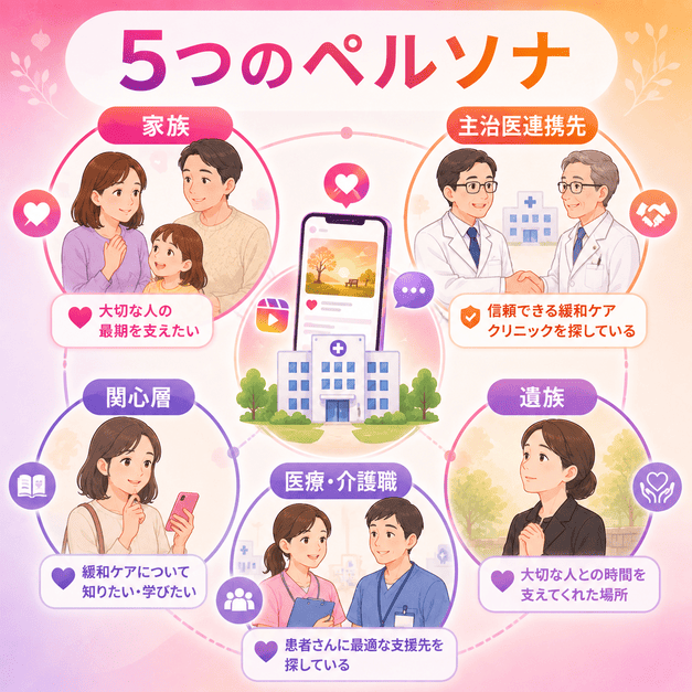 緩和ケアクリニックのInstagram運用で重視すべき家族、主治医連携先、関心層、遺族、医療・介護職の5つのペルソナを示したイラスト