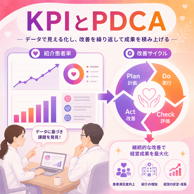 緩和ケアクリニック特有のKPIを可視化し、PDCAサイクルでInstagram運用を改善する流れを示したイラスト