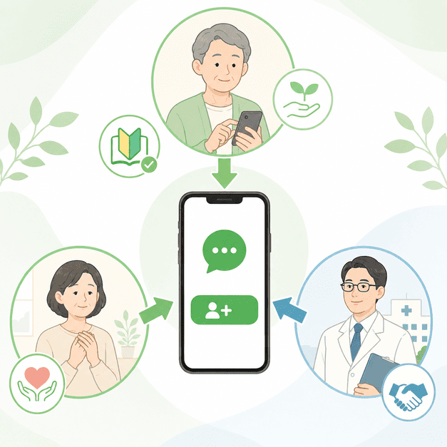 患者本人・家族・主治医病院それぞれからLINE登録につなげる友だち獲得導線のイメージ