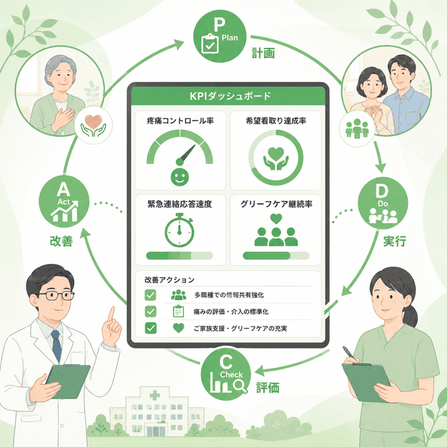 疼痛コントロール率や希望看取り達成率をKPIとして管理しPDCAで改善するダッシュボードの図