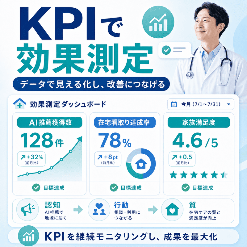 AI推薦獲得数、在宅看取り達成率、家族満足度などのLLMO KPIをダッシュボードで示した図