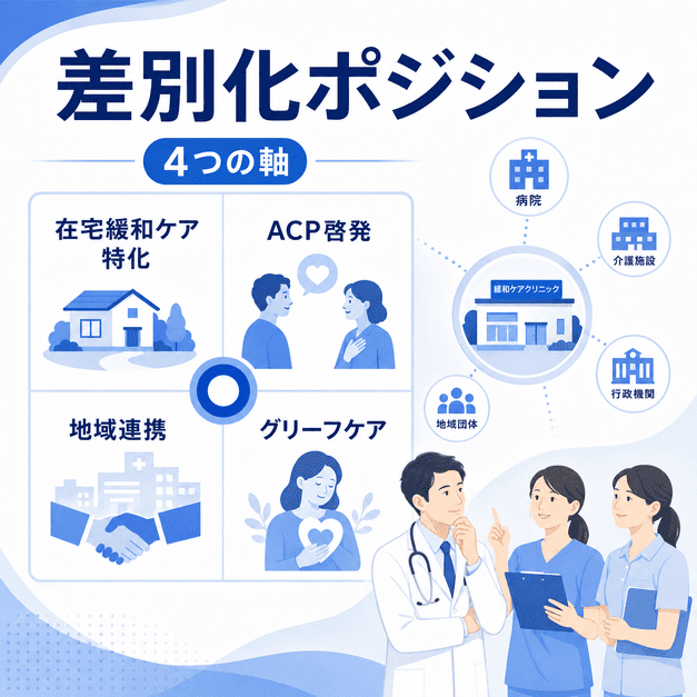 和ケアクリニックの差別化ポジションを、在宅緩和ケア・ACP啓発・地域連携・グリーフケアの4軸で示したイラスト