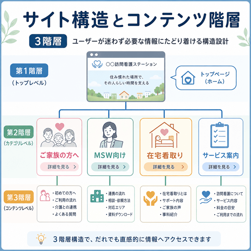 ご家族向け、MSW向け、在宅看取り、サービス案内などを3階層で整理した緩和ケアクリニックのサイト構造図