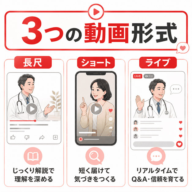 緩和ケアクリニックのYouTube運用で長尺動画、ショート動画、ライブ配信を使い分けるイメージ