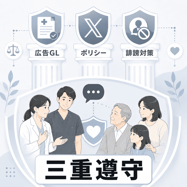 医療広告ガイドライン、Xポリシー、誹謗中傷対策の三重遵守で運用を守るイラスト