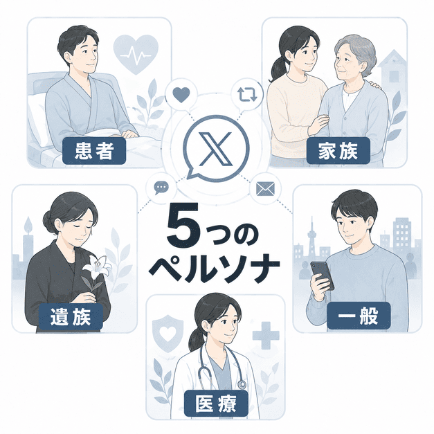 患者・家族・遺族・一般市民・医療従事者の5つのペルソナに分けてX配信を設計するイラスト