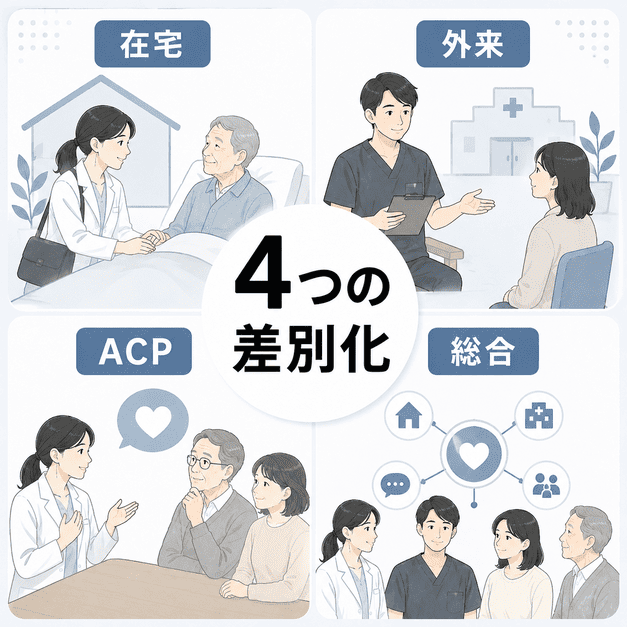 在宅・外来・ACP・総合型の4つの差別化ポジションを比較する緩和ケアクリニックのイラスト