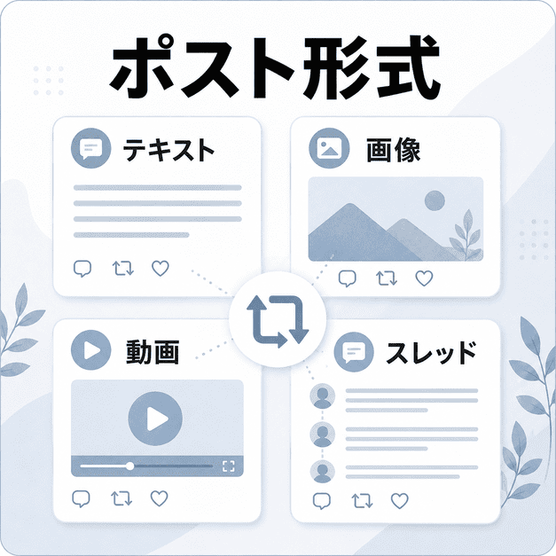 テキスト・画像・動画・スレッドなど緩和ケアに合うXの投稿形式を整理したイラスト