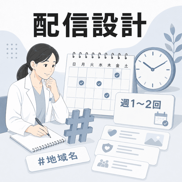 ハッシュタグ、投稿頻度、配信タイミングを緩和ケア向けに慎重に設計する様子