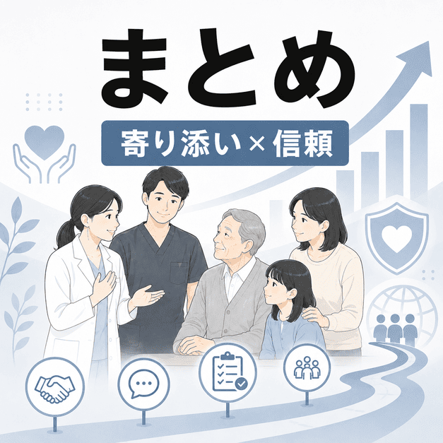 緩和ケアクリニックのX運用で寄り添いと信頼を積み重ねる長期戦を表すまとめイラスト