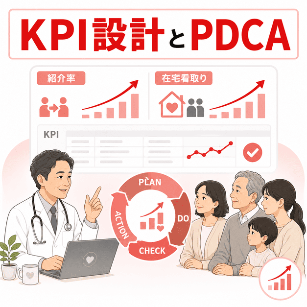 緩和ケアクリニックのYouTube運用で紹介率や在宅看取り完遂率をKPIとしてPDCA管理する図