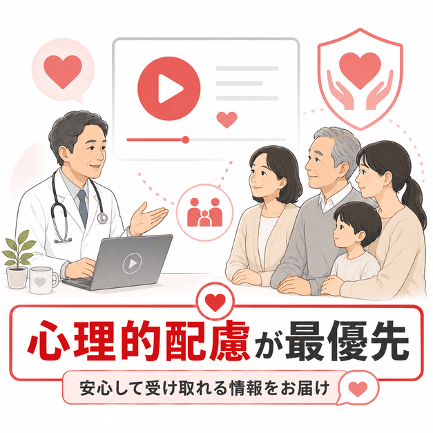 緩和ケアクリニックのYouTube運用で患者と家族への心理的配慮を最優先に情報発信する様子