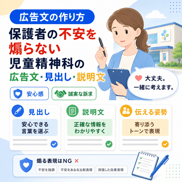 保護者の不安を煽らず、安心感と誠実さを意識して児童精神科の広告文を作成する様子を示したイラスト
