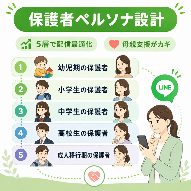 子どもの年齢段階に応じた保護者ペルソナ五層構造とLINE配信設計を示したイラスト
