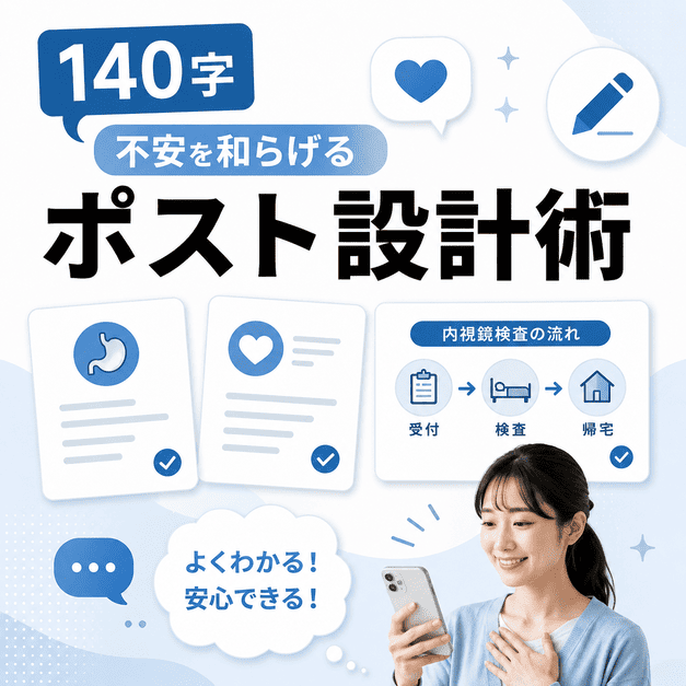 140字の投稿と画像で胃カメラや大腸カメラへの不安を和らげるポスト設計を示したイラスト