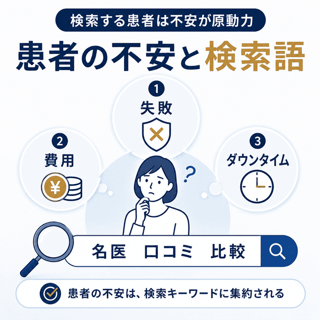 美容外科を検索する患者が抱える失敗・費用・ダウンタイムへの不安と検索キーワードの関係を示した図