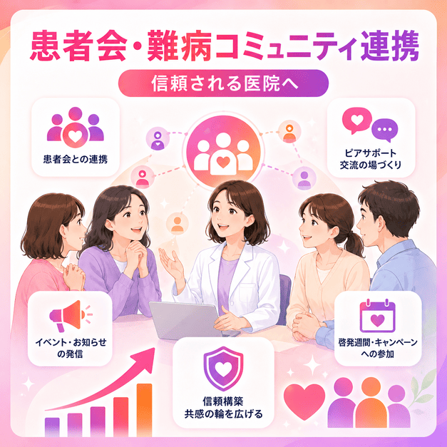医師と患者コミュニティが連携し、患者会情報やピアサポートを通じて信頼を広げる様子