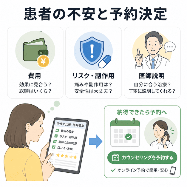 PRP・幹細胞治療を検討する患者が費用・リスク・医師説明を確認して相談予約を決める流れを示したイラスト