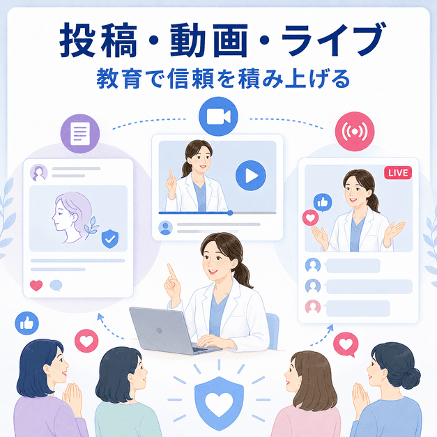 長文投稿、動画、Facebookライブを通じて女性医師が患者教育と信頼形成を行う様子を示したイラスト
