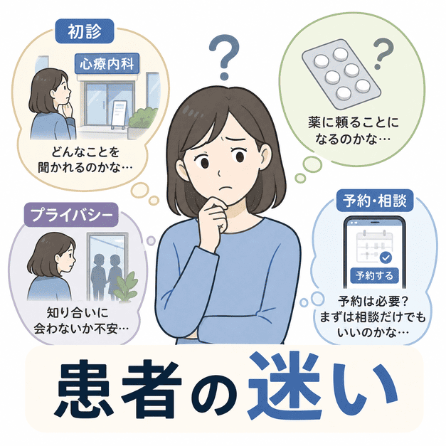 不安や不眠で心療内科を探す患者が、初診・薬・プライバシー・予約について迷っている様子のイラスト
