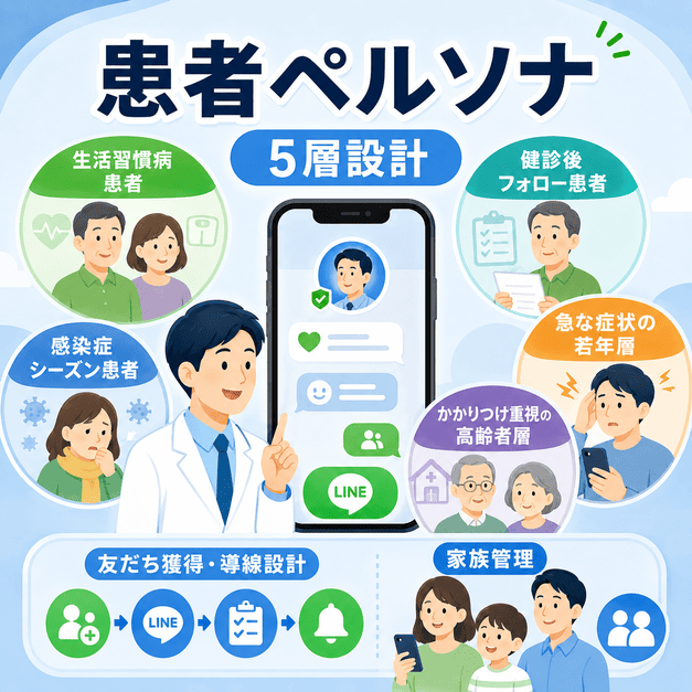 総合内科クリニックの患者ペルソナ5層と家族単位のLINE管理を表したイラスト
