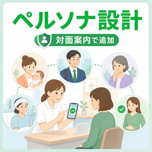 肛門外科の患者ペルソナごとに配信内容を分け、受診時の対面案内でLINE登録を促す流れを示したイラスト